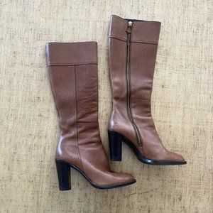 Miu Miu Italy Knee High Light Chestnut Leather Wood Heel Boots
